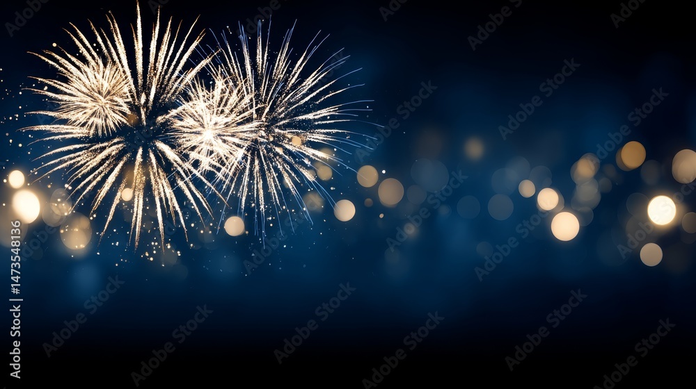 Poster golden and navy fireworks burst vibrantly in the dark sky, accompanied by soft bokeh lights, creatin