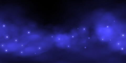 Night starry sky background. Dark sky with glowing blue nebula and sparkling stars on dark backdrop. Cosmic, fantasy, sci-fi, celestial-themed design. Abstract vector illustration © Mariquita vector