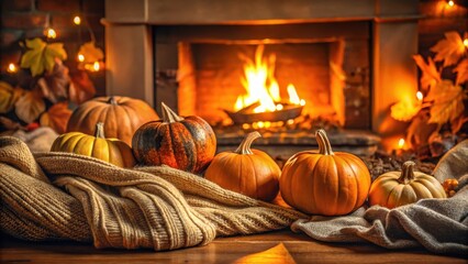 Warm golden light emanates from a crackling fireplace surrounded by autumnal pumpkins and cozy throw blankets, creating a snug atmosphere on a chilly evening , fire, warmth