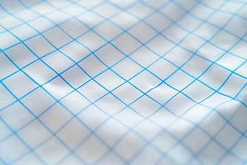 Close-up view of a white fabric with a light-blue grid pattern. Wrinkled textile surface