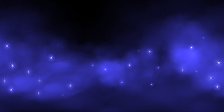 Night starry sky background. Dark sky with glowing blue nebula and sparkling stars on dark backdrop. Cosmic, fantasy, sci-fi, celestial-themed design. Abstract vector illustration