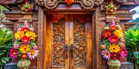 Fototapeta premium A beautiful wooden welcome sign with Balinese carvings and colorful flowers at a traditional temple door, welcome sign bali, tropical door