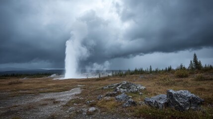 Fototapeta premium A powerful geyser erupts vertically from a geothermal landscape, sending steam into the air as moss-covered rocks provide a textured foreground beneath darkening clouds
