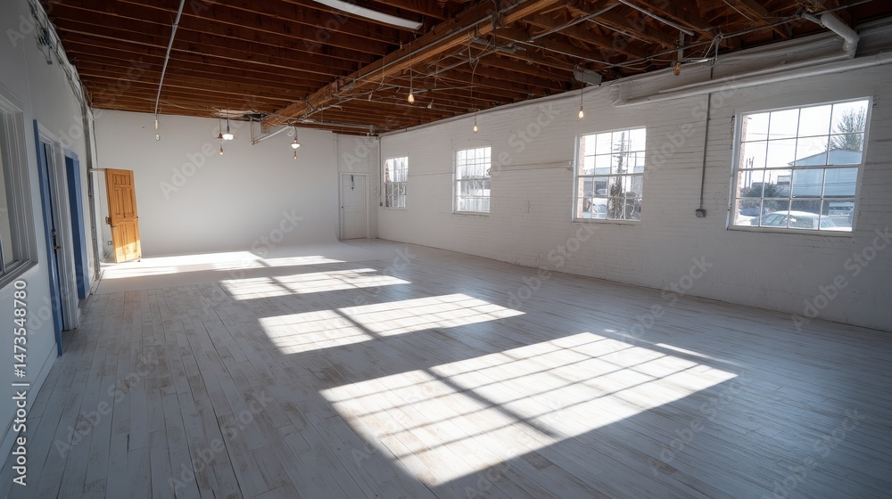 Poster empty modern studio featuring wide open space, soft natural light casting shadows, and a seamless wh