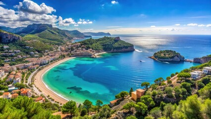 Fototapeta premium Dramatic turquoise sea and white sandy beach scene from a high vantage point with Port de Soller village in the distance