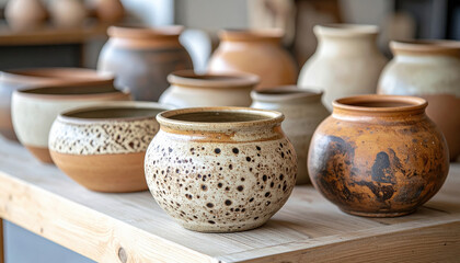 Unique artisan pottery pieces with diverse shapes and textures displayed wooden table, showcasing craftsmanship and creativity