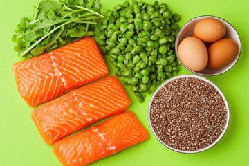 Healthy food ingredients arranged on a vibrant green surface