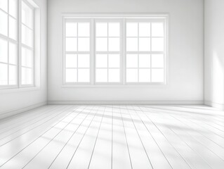 Empty, bright, white room with large windows