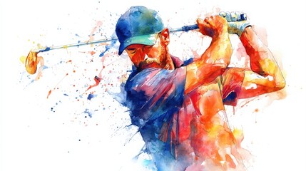 A golfer swinging his club, depicted in a colorful watercolor splash art style.
