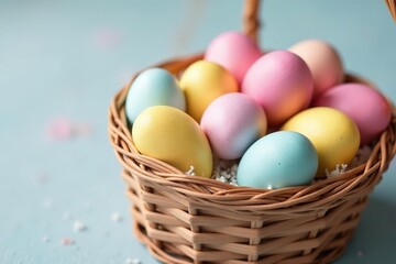 Fototapeta premium Vibrant pastel-colored Easter eggs in a basket, showcasing a variety of hues , speckled eggs, basket