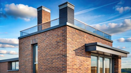 Modern brick chimney stack on rooftop with sleek contemporary house design and clean lines, clean lines, urban landscape