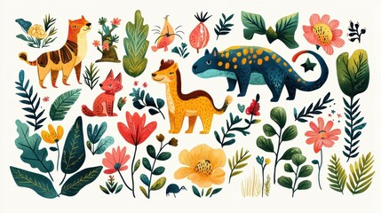 Fototapeta premium Colorful illustration of various animals and plants in a whimsical style.