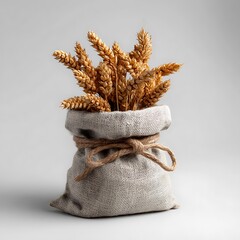 Rustic style burlap sack filled with wheat grains and stalks clean white background for agricultural aesthetics
