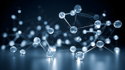 Molecule network connects dots against dark backdrop reflection