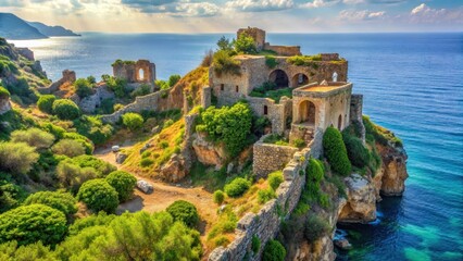 Naklejka premium Ancient Greek fortress ruins overgrown with vegetation, surrounded by sea and cliffs