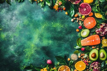 Colorful assortment of fresh fruits, vegetables, and seafood arranged on a dark teal background