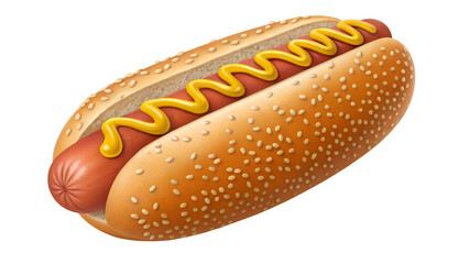 A delectable hot dog in a sesame seed bun, generously topped with bright yellow mustard