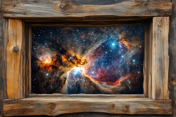 Fototapeta premium A nebula bursts with color and light seen through a rustic wooden window frame, space beauty.