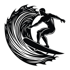 Surfer riding a wave silhouette, vector