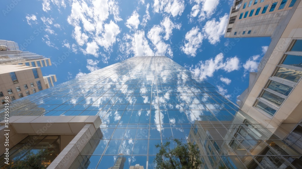 Aufkleber this upward view reveals a modern building with a reflective glass facade capturing a stunning cloud