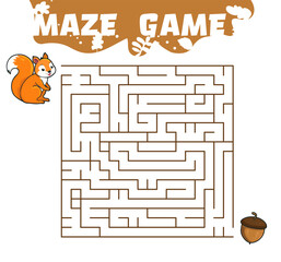Maze puzzle with cheerful cartoon orange squirrel, an acorn, easy game for children