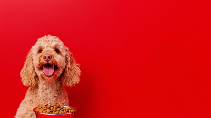 Happy labrador retriever dog enjoy bowl of dog food. healthy meal pet food simple red background with copy space for commercial