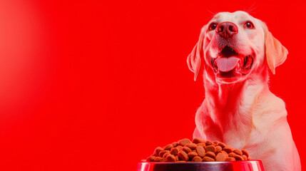Happy labrador retriever dog enjoy bowl of dog food. healthy meal pet food simple red background with copy space for commercial