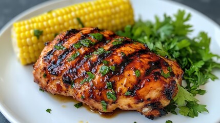 Grilled chicken breast with herbs, served with corn on the cob and fresh parsley on a white plate.