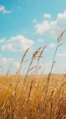 Fototapeta premium Golden Wheat Field Under Bright Sky with Fluffy White Clouds