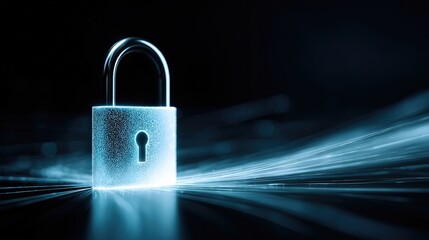 Fototapeta premium A metallic padlock glows amidst digital light streaks, symbolizing cybersecurity and data protection.