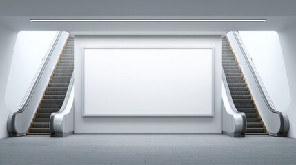Modern interior with two parallel escalators and a large blank billboard in a clean, minimalistic setting.