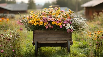 A rustic wooden cart filled with fresh-cut wildflowers in a farm setting.