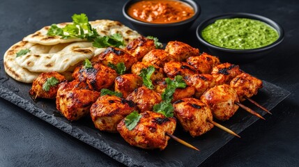 Grilled chicken skewers served with naan bread, green chutney, and red sauce on a black slate platter.