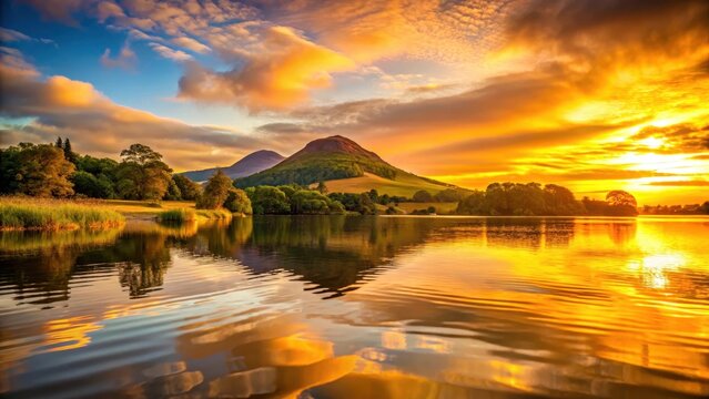 Sunset over Eildon Hills with a warm golden glow on the water, golden glow, wilderness