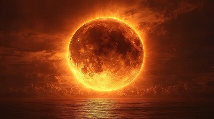 A dramatic image of a solar eclipse, with the moon partially or fully obscuring the sun, creating an eerie and awe-inspiring celestial event