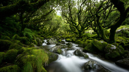 Mossy trees overhang flowing stream rocky glen wild nature