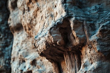 Close-up of weathered rock face with a weathered wooden beam, lit by the sun's golden light.