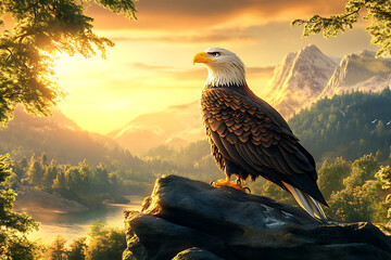 Fototapeta premium Majestic eagle perched on a rocky outcrop at sunrise, overlooking a serene mountainous landscape
