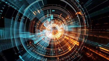 Digital data processing visual displayed on a black background with glowing circular patterns and vibrant colors, digital data processing over scope on black background - Powered by Adobe