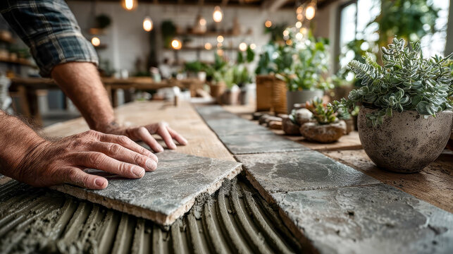 A man's hands carefully lay tiles on a freshly laid floor, grout fills the cracks, kitchen renovation