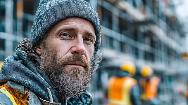 A man in a hat and beard stands in the middle of a construction site where builders are working and a building is being erected