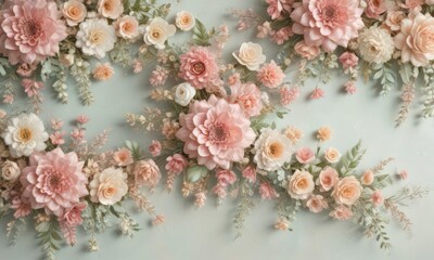 Pastel artificial flower wall; vintage lace & floral design, wallpaper background , elegant, home decor, aesthetic