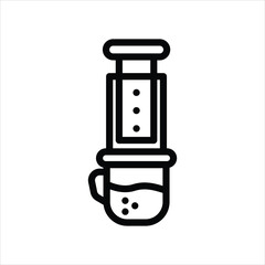 This is a black outline icon of a manual coffee maker in use, illustrated in a minimalist line art style. The design shows a plunger-style brewer positioned over a cup or mug, with liquid dripping int