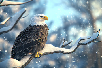 Majestic eagle perched on a snowy branch, observing a serene winter landscape with falling snow