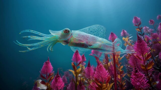 A glassy squid glides through vibrant coral, its translucent form catching filtered sunlight as it passes vivid pink sea plants in a calm underwater tableau.