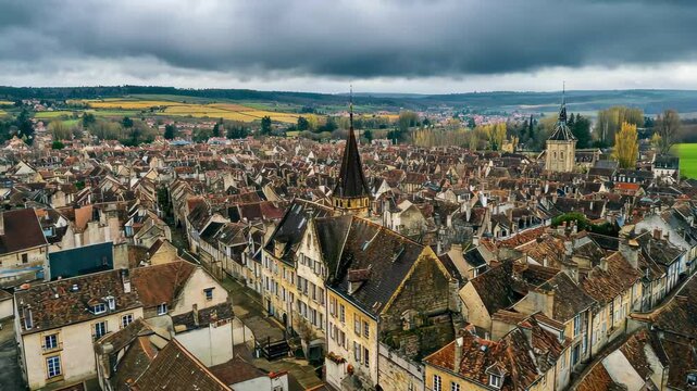Explore the historic architecture and rooftops of Beaune, France on a cloudy day, Aerial of the old town of Beaune in France on a cloudy morning in early spring