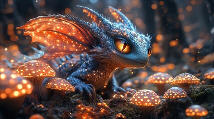 A fantastical creature with iridescent scales and glowing eyes peering out from behind a cluster of luminous mushrooms in a dark forest