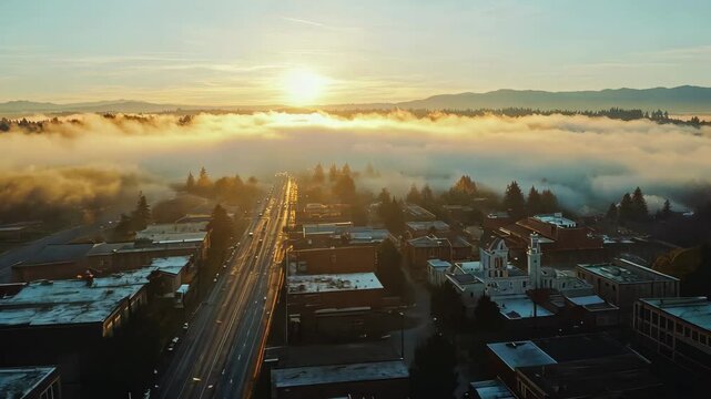 Breathtaking sunrise over downtown Manhattan revealing iconic skyline and soft mist, Aerial footage of downtown Manahttan during sunrise