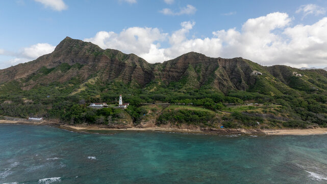 Aerial view of Diamond Head and the lighthouse