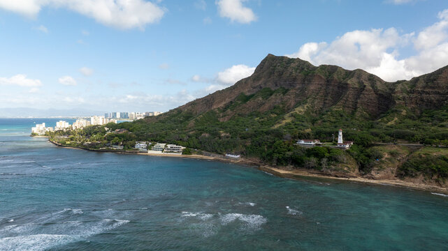 Aerial view of Diamond Head, the lighthouse and Waikiki